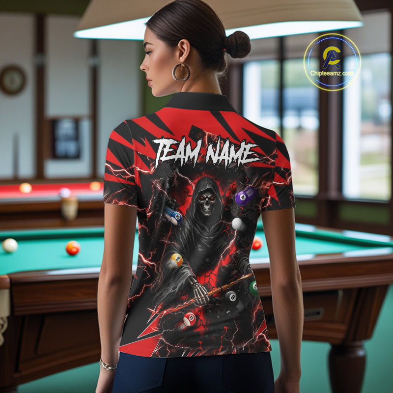 Back view of woman wearing a red grim reaper lightning 8 ball pool shirt in a billiards hall.