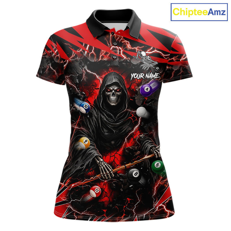 Red grim reaper lightning 8 ball billiard polo shirt for women with custom pool team graphics.