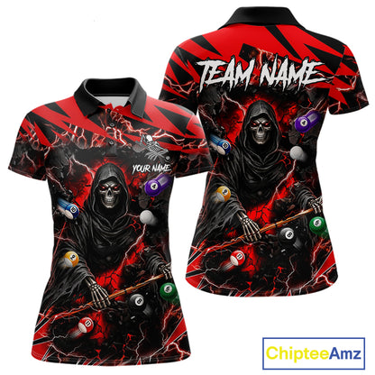 Red grim reaper lightning 8 ball billiard polo shirt for women with custom pool team graphics.