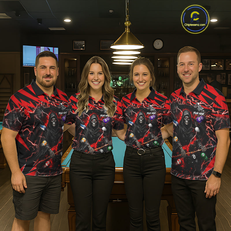 Pool team wearing matching red grim reaper lightning 8 ball billiard jerseys during tournament competition front view.