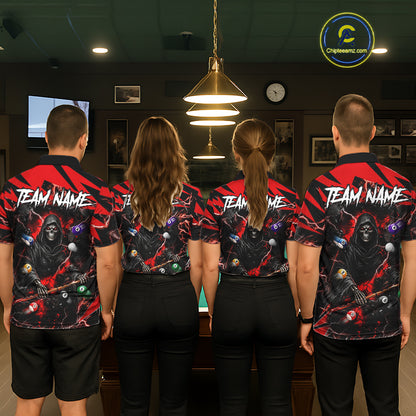 Back view of pool players wearing matching red grim reaper billiard shirts in a game room.