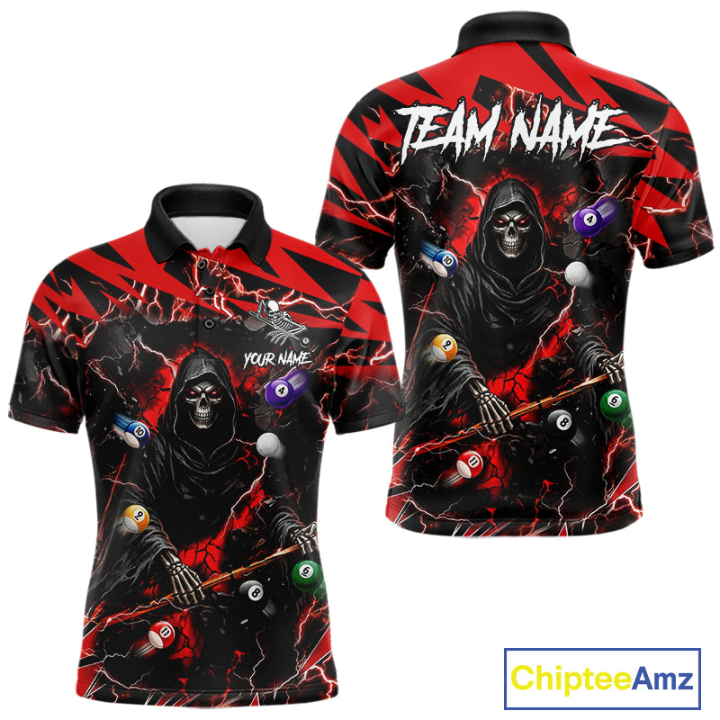Red grim reaper lightning 8 ball billiard polo shirt for men with custom pool team graphics.