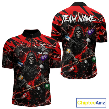 Red grim reaper lightning 8 ball billiard quarter zip shirt for men designed for league tournaments and team events.