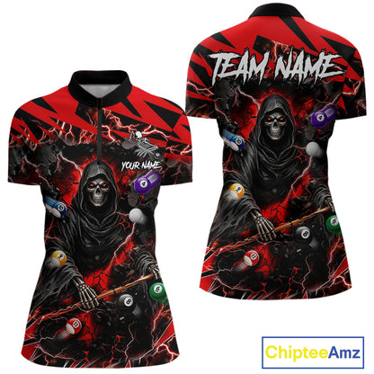 Red grim reaper lightning 8 ball billiard quarter zip shirt for women designed for league tournaments and team events.