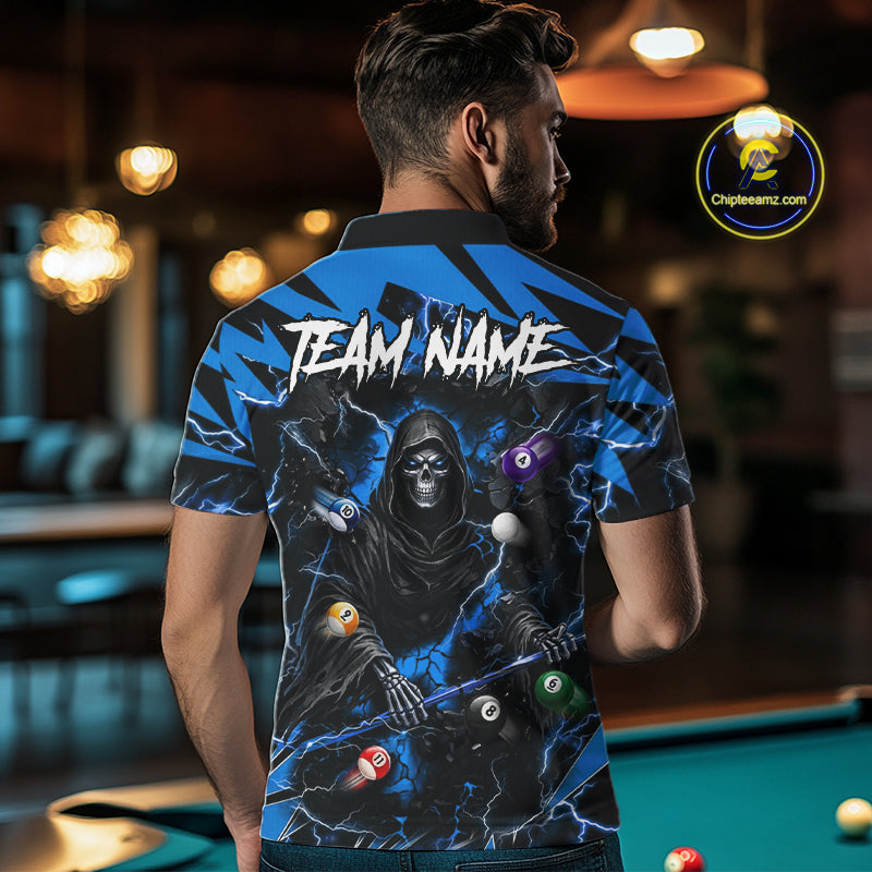 Back view of man wearing a blue grim reaper lightning 8 ball pool shirt in a billiards hall.