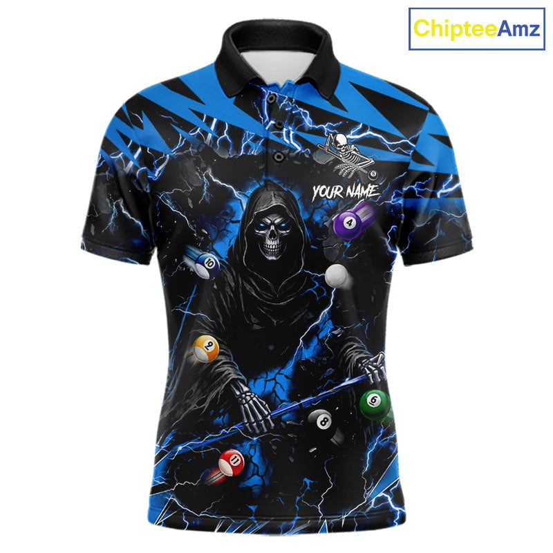 Blue grim reaper lightning 8 ball billiard polo shirt for men with custom pool team graphics.