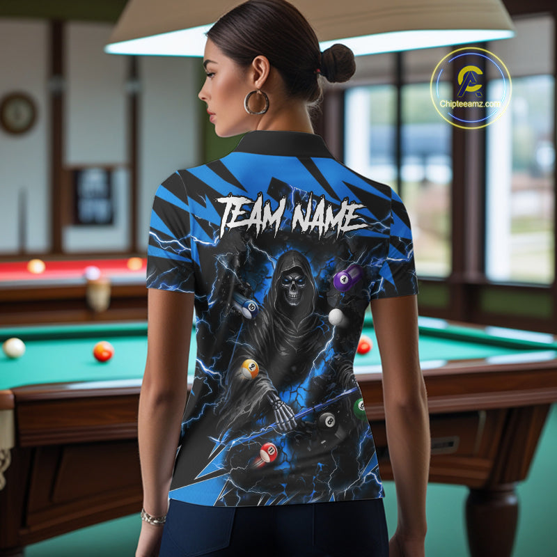 Back view of woman wearing a blue grim reaper lightning 8 ball pool shirt in a billiards hall.