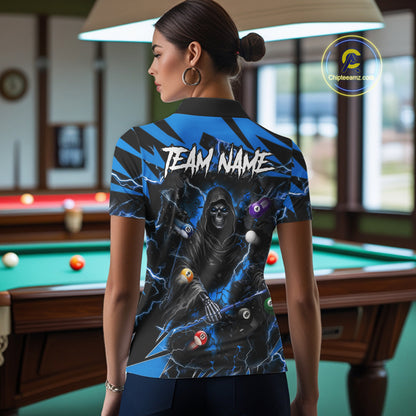 Back view of woman wearing a blue grim reaper lightning 8 ball pool shirt in a billiards hall.