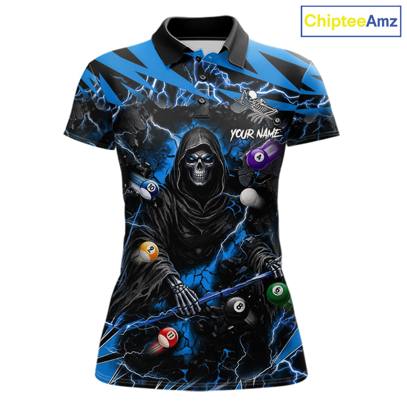Blue grim reaper lightning 8 ball billiard polo shirt for women with custom pool team graphics.