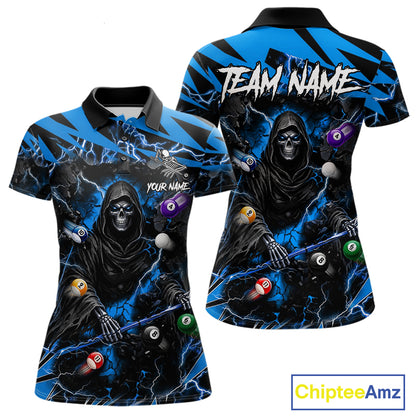 Blue grim reaper lightning 8 ball billiard polo shirt for women with custom pool team graphics.