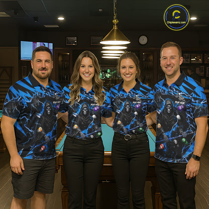 Pool team wearing matching blue grim reaper lightning 8 ball billiard jerseys during tournament competition front view.