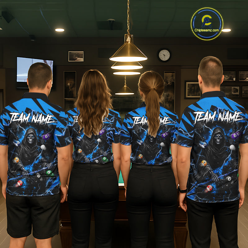 Back view of pool players wearing matching blue grim reaper billiard shirts in a game room.