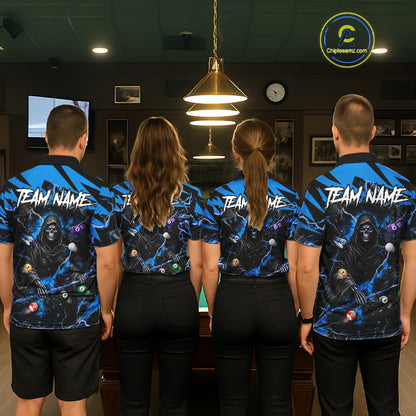 Back view of pool players wearing matching blue grim reaper billiard shirts in a game room.