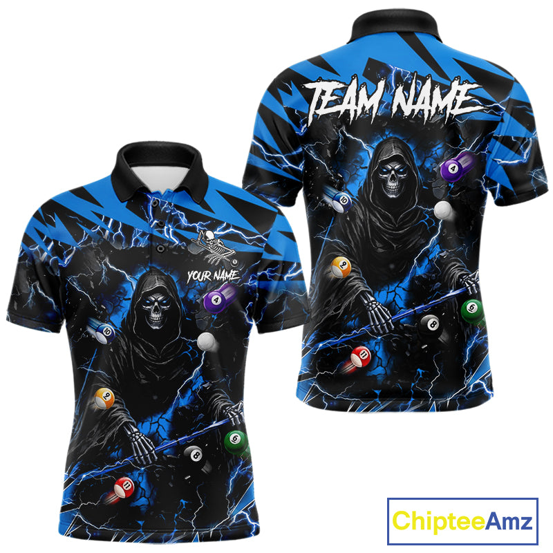 Blue grim reaper lightning 8 ball billiard polo shirt for men with custom pool team graphics.