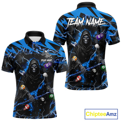 Blue grim reaper lightning 8 ball billiard polo shirt for men with custom pool team graphics.