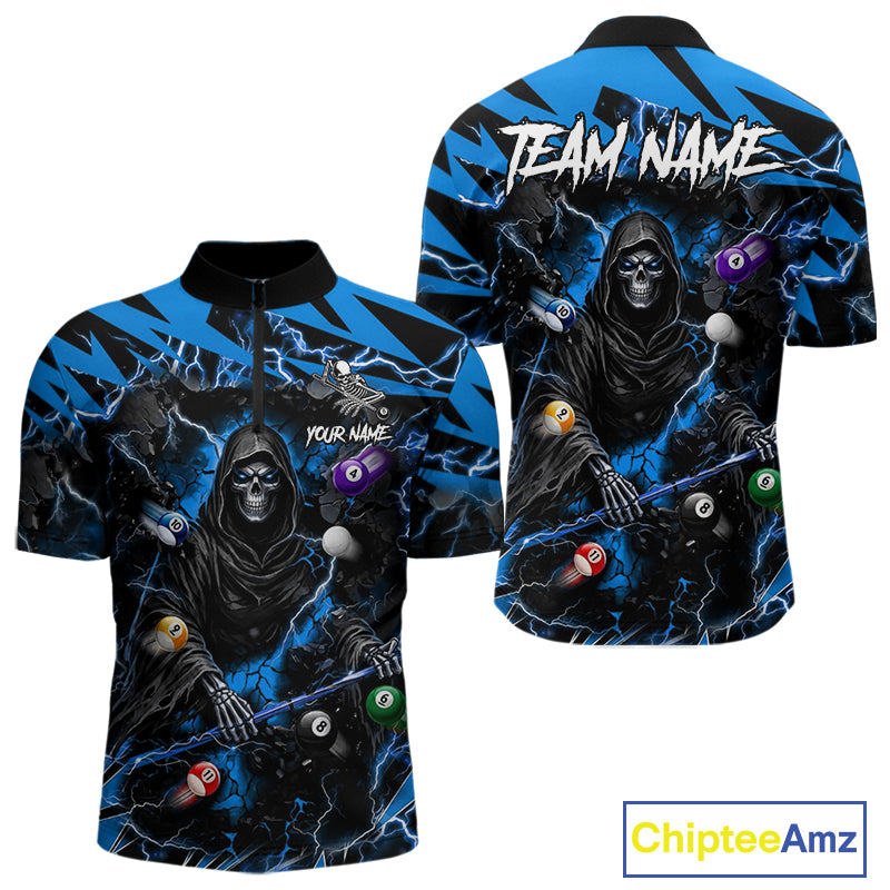 Blue grim reaper lightning 8 ball billiard quarter zip shirt for men designed for league tournaments and team events.