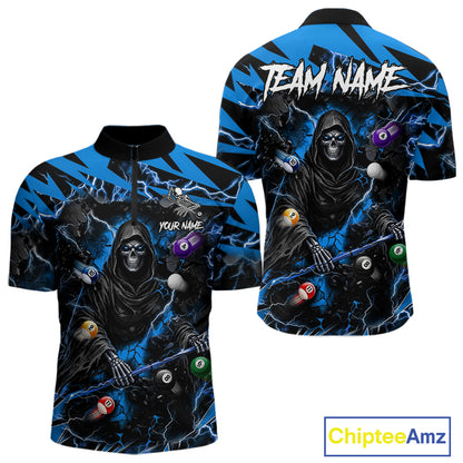 Blue grim reaper lightning 8 ball billiard quarter zip shirt for men designed for league tournaments and team events.