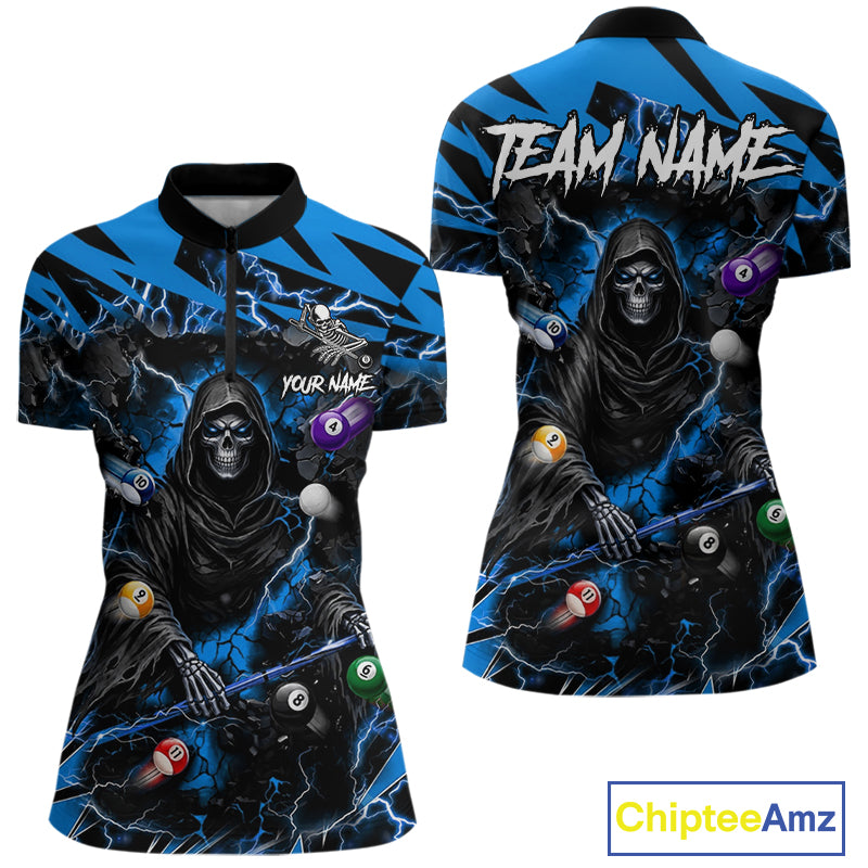 Blue grim reaper lightning 8 ball billiard quarter zip shirt for women designed for league tournaments and team events.