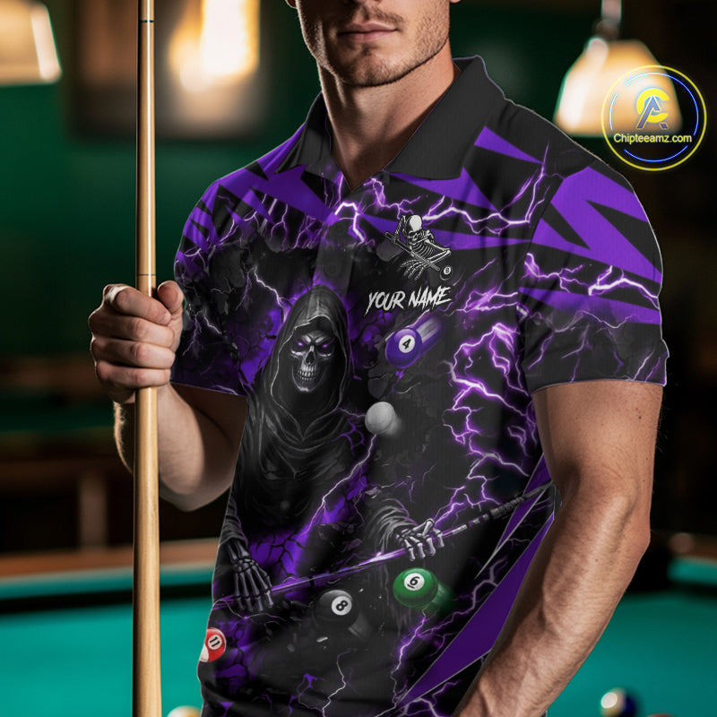 Man wearing a purple grim reaper lightning 8 ball billiard jersey beside a pool table front view.