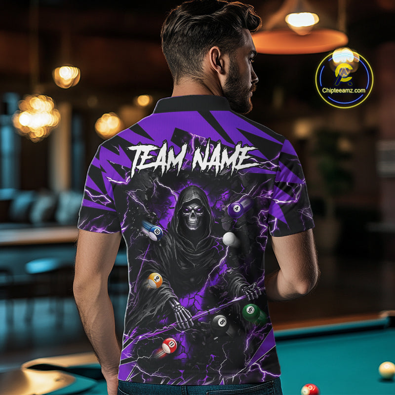 Back view of man wearing a purple grim reaper lightning 8 ball pool shirt in a billiards hall.