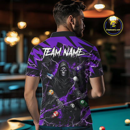 Back view of man wearing a purple grim reaper lightning 8 ball pool shirt in a billiards hall.