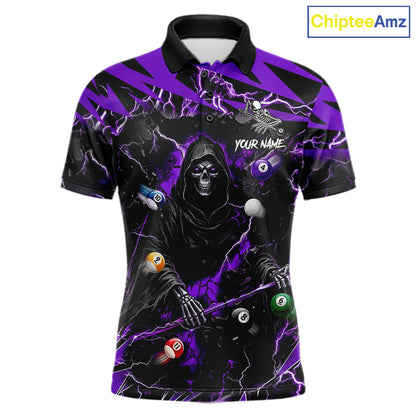 Purple grim reaper lightning 8 ball billiard polo shirt for men with custom pool team graphics.