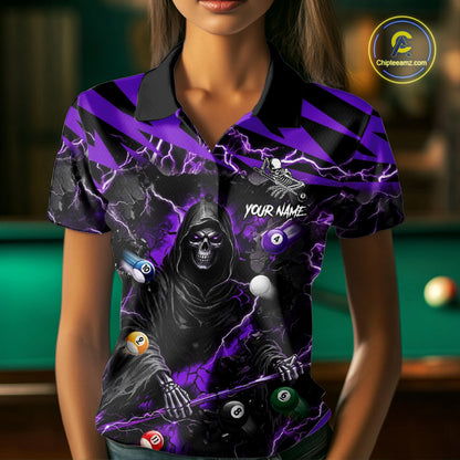Woman wearing a purple grim reaper lightning 8 ball billiard jersey beside a pool table front view.