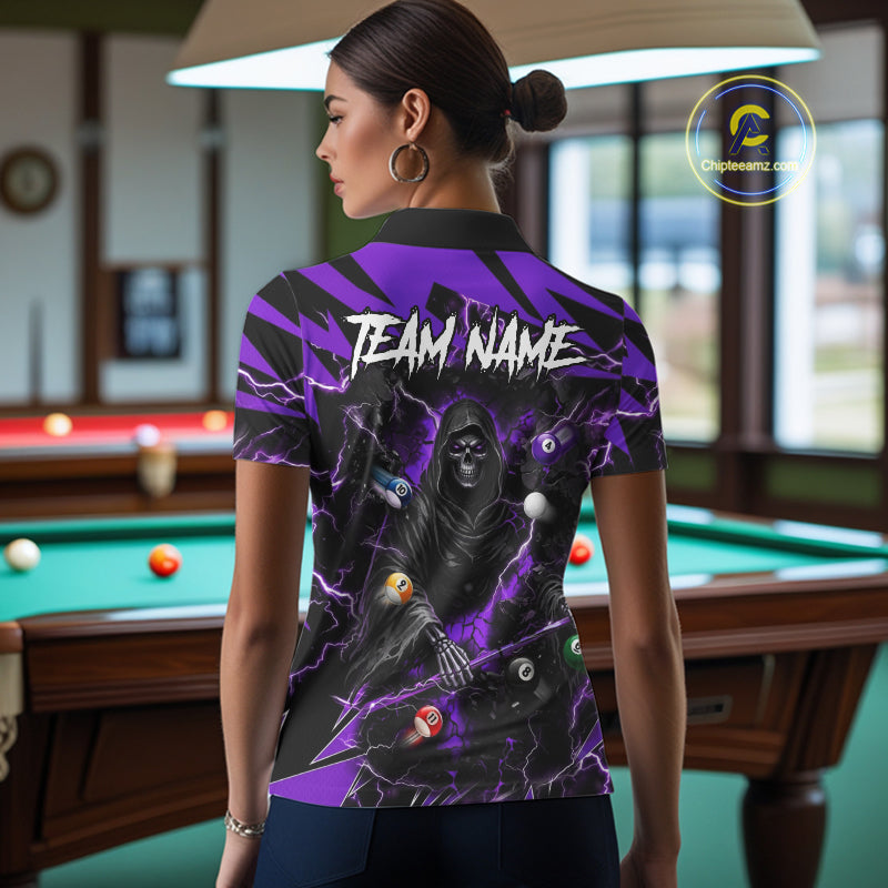 Back view of woman wearing a purple grim reaper lightning 8 ball pool shirt in a billiards hall.