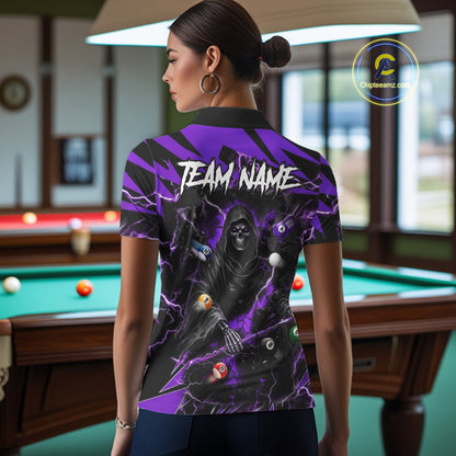 Back view of woman wearing a purple grim reaper lightning 8 ball pool shirt in a billiards hall.