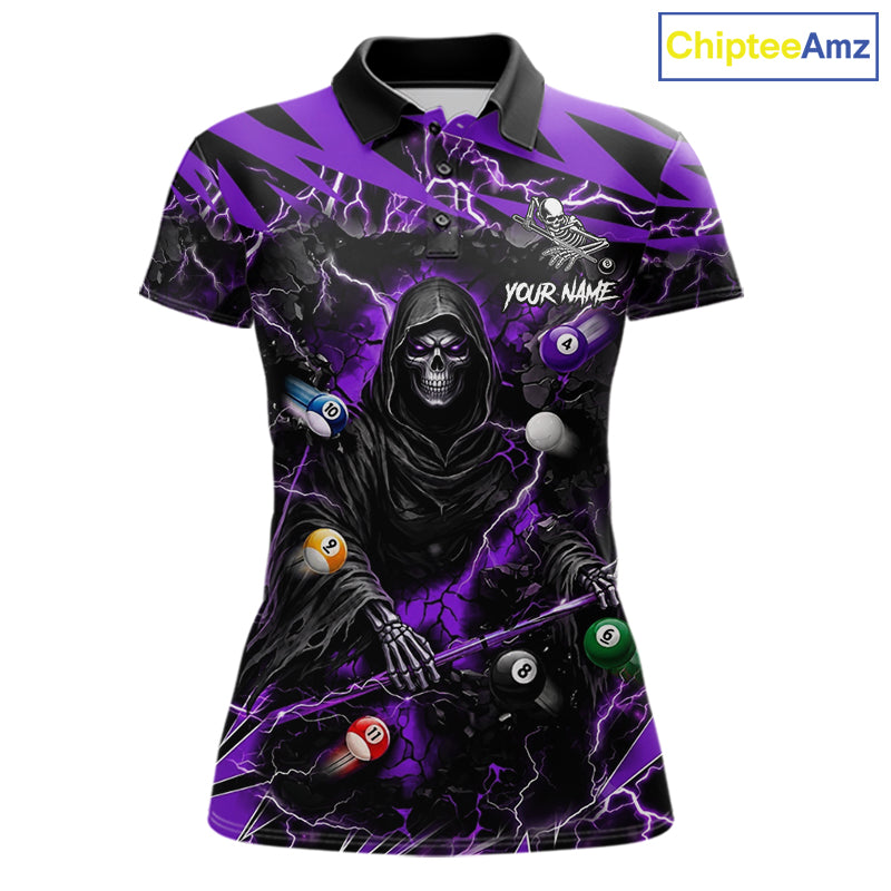 Purple grim reaper lightning 8 ball billiard polo shirt for women with custom pool team graphics.
