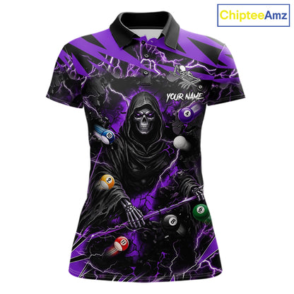 Purple grim reaper lightning 8 ball billiard polo shirt for women with custom pool team graphics.