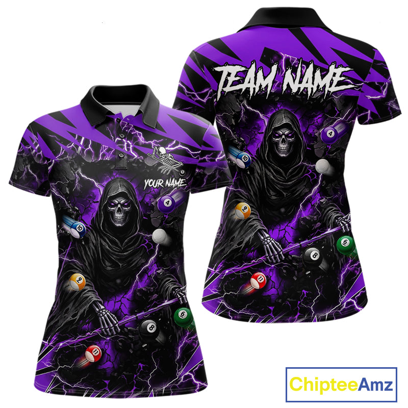 Purple grim reaper lightning 8 ball billiard polo shirt for women with custom pool team graphics.