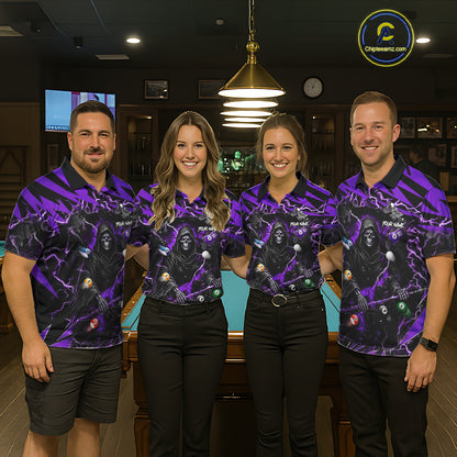 Pool team wearing matching purple grim reaper lightning 8 ball billiard jerseys during tournament competition front view.
