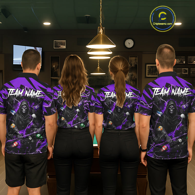 Back view of pool players wearing matching purple grim reaper billiard shirts in a game room.