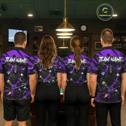 Back view of pool players wearing matching purple grim reaper billiard shirts in a game room.
