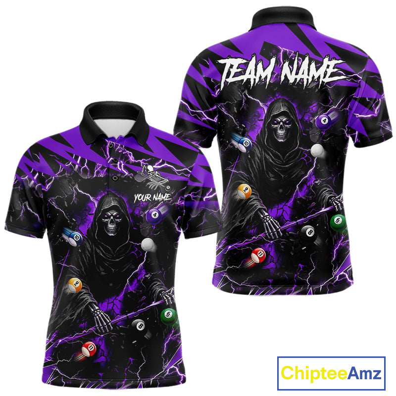 Purple grim reaper lightning 8 ball billiard polo shirt for men with custom pool team graphics.