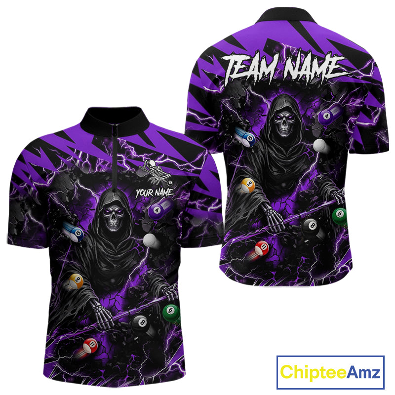 Purple grim reaper lightning 8 ball billiard quarter zip shirt for men designed for league tournaments and team events.