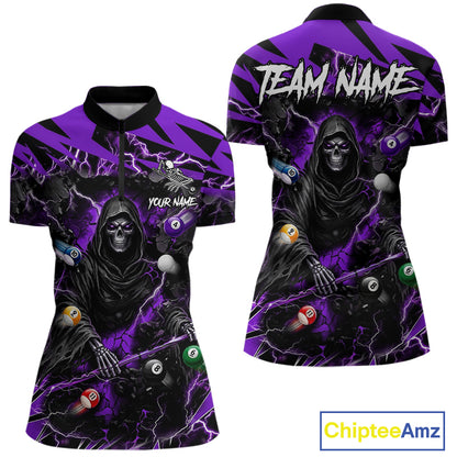 Purple grim reaper lightning 8 ball billiard quarter zip shirt for women designed for league tournaments and team events.