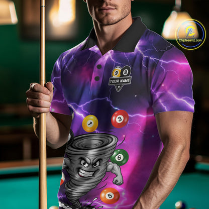 Man wearing a purple 8 ball and 9 ball tornado billiard jersey beside a pool table front view.