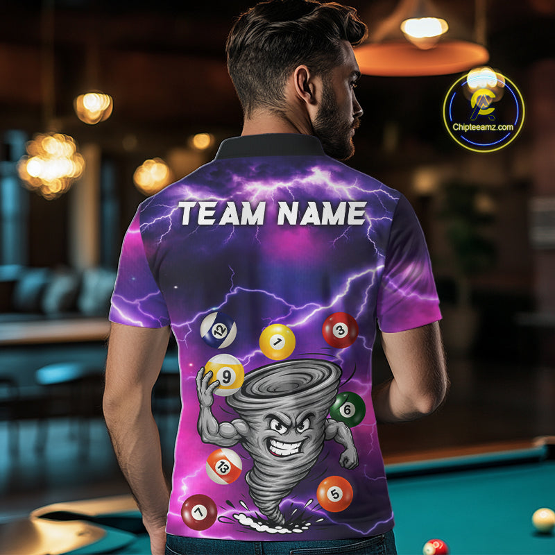 Back view of man wearing a purple 8 ball and 9 ball tornado pool shirt in a billiards hall.