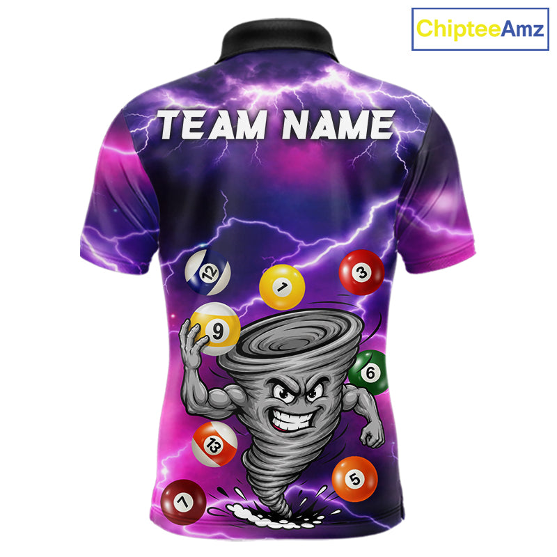 Purple 8 ball and 9 ball tornado billiard polo shirt for men with custom pool team graphics.