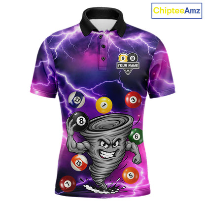 Purple 8 ball and 9 ball tornado billiard polo shirt for men with custom pool team graphics.