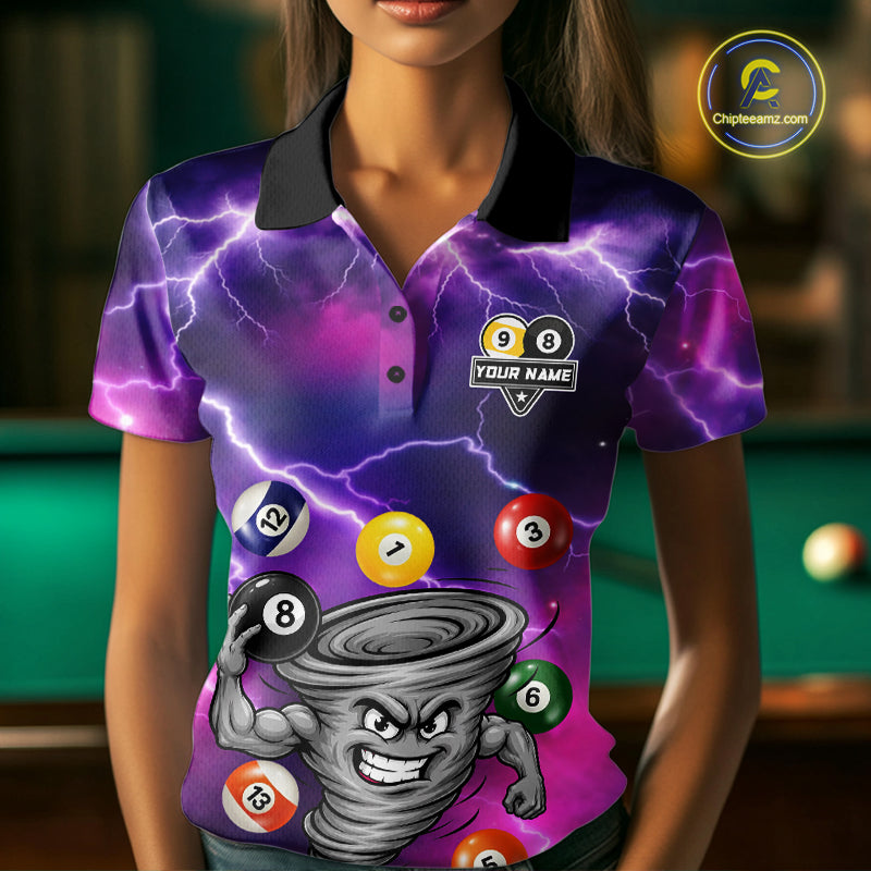 Woman wearing a purple 8 ball and 9 ball tornado billiard jersey beside a pool table front view.