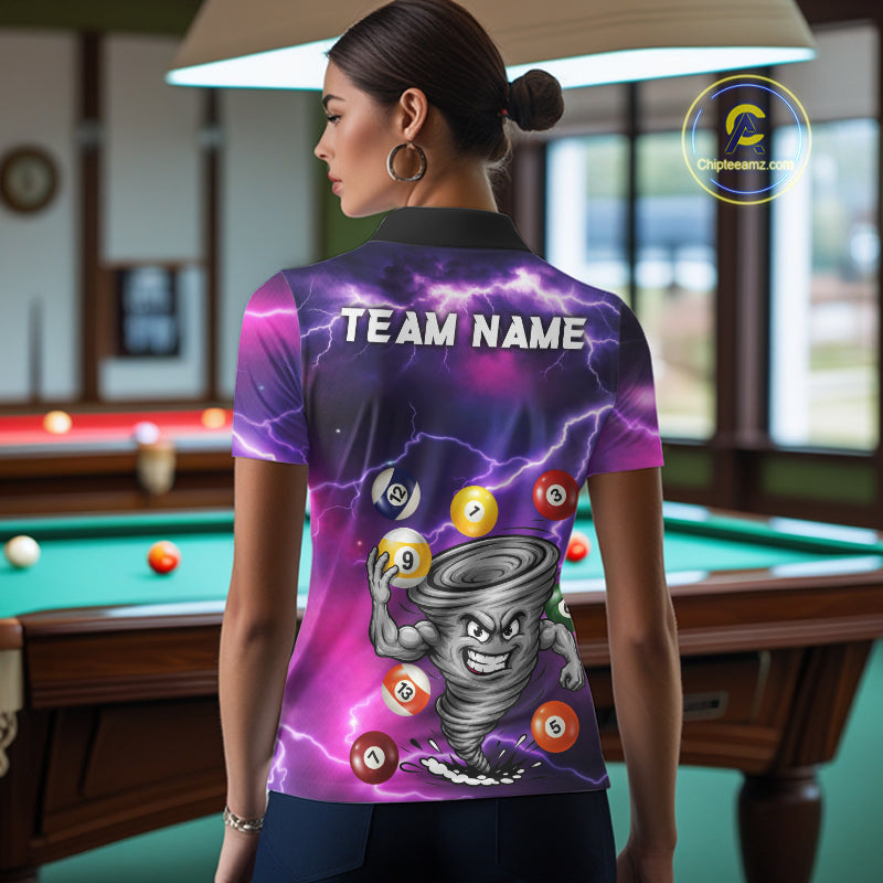 Back view of woman wearing a purple 8 ball and 9 ball tornado pool shirt in a billiards hall.