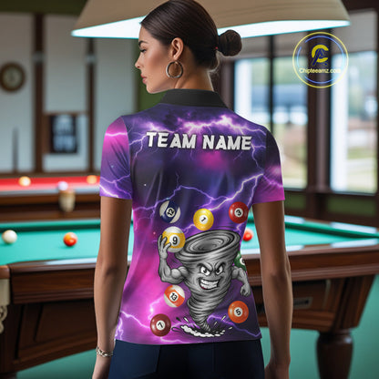 Back view of woman wearing a purple 8 ball and 9 ball tornado pool shirt in a billiards hall.