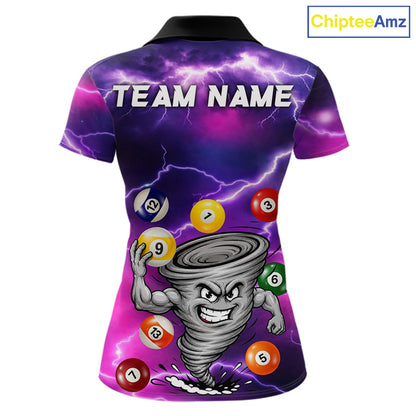 Purple 8 ball and 9 ball tornado billiard polo shirt for women with custom pool team graphics.