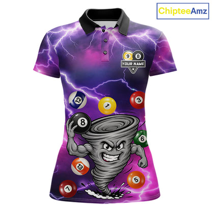 Purple 8 ball and 9 ball tornado billiard polo shirt for women with custom pool team graphics.