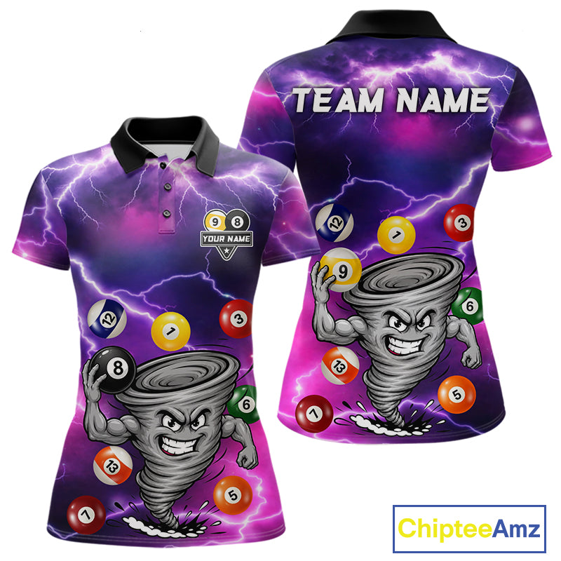 Purple 8 ball and 9 ball tornado billiard polo shirt for women with custom pool team graphics.
