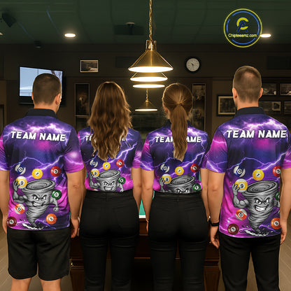 Back view of pool players wearing matching purple tornado billiard shirts in a game room.