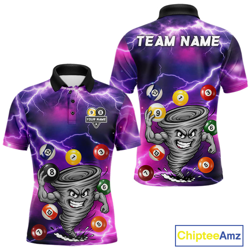 Purple 8 ball and 9 ball tornado billiard polo shirt for men with custom pool team graphics.